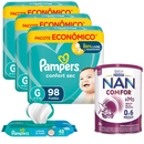 Kit 3 Fraldas Confort Sec G 98 unidades + Lenço Umidecido + Formula NAN
